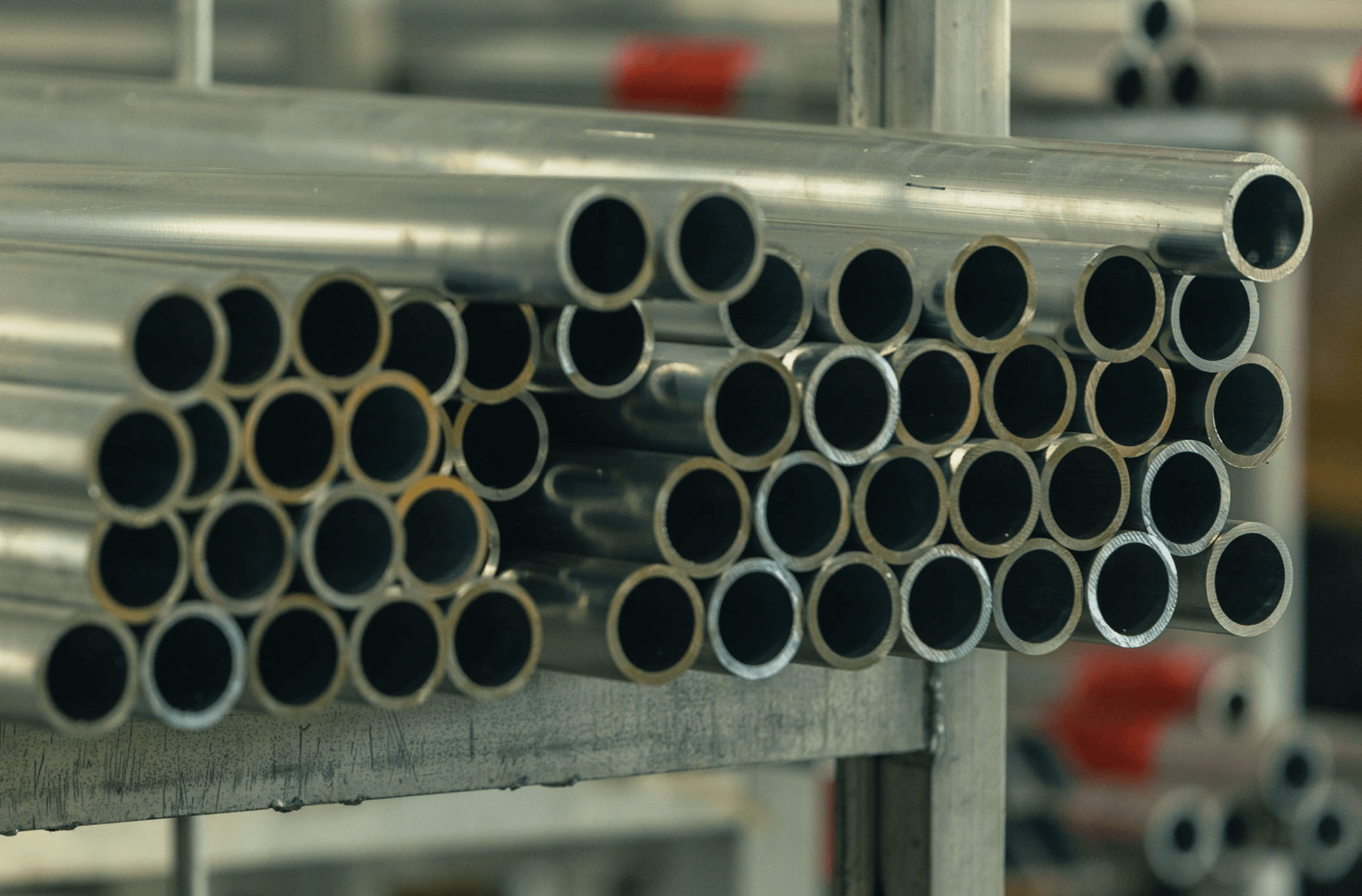 Bundled aluminum tube and extrusion stock racked in inventory at the FWM facility