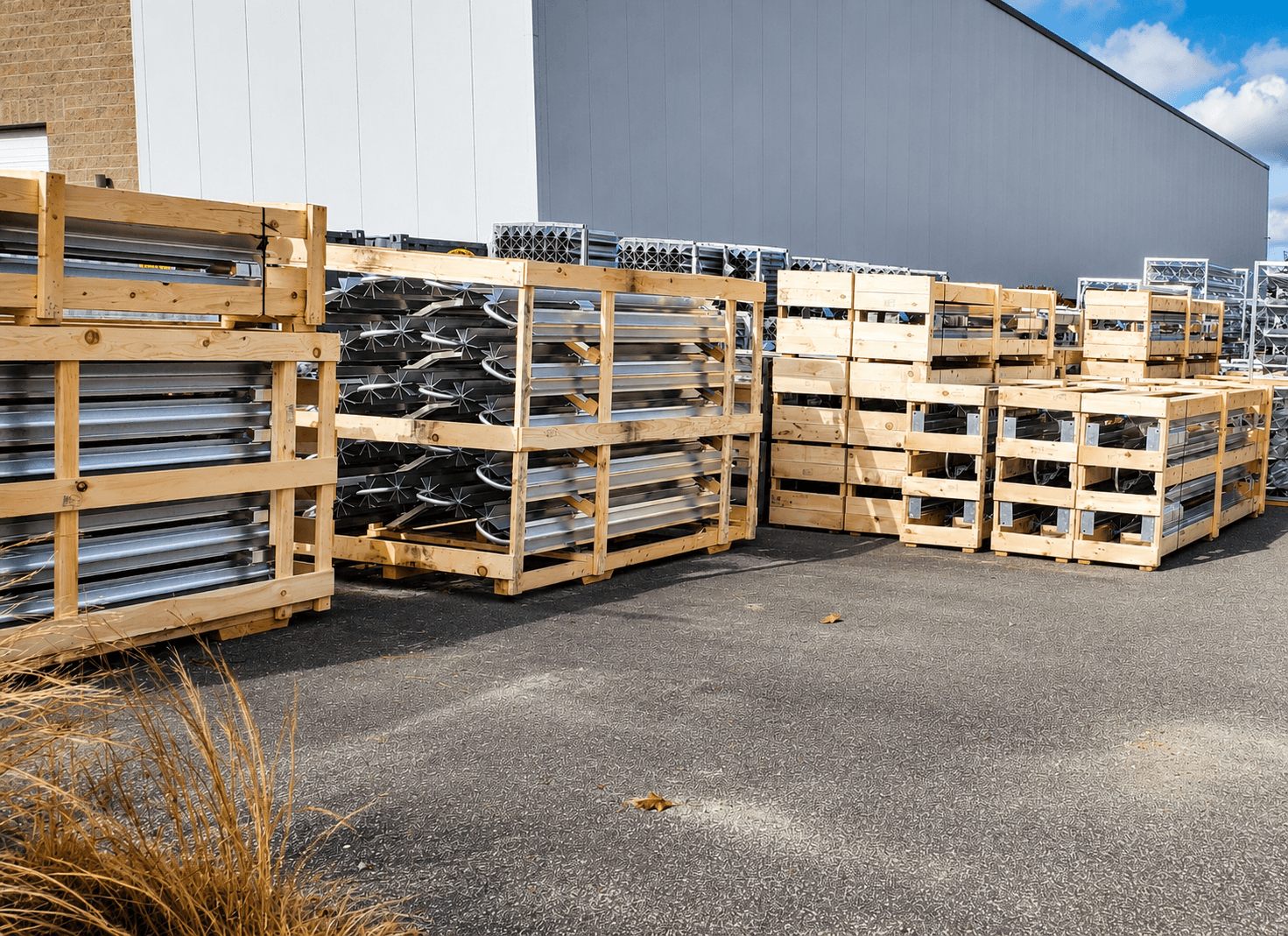 Wooden crates of finned-aluminum FWM assemblies staged outside the facility for outbound shipment.