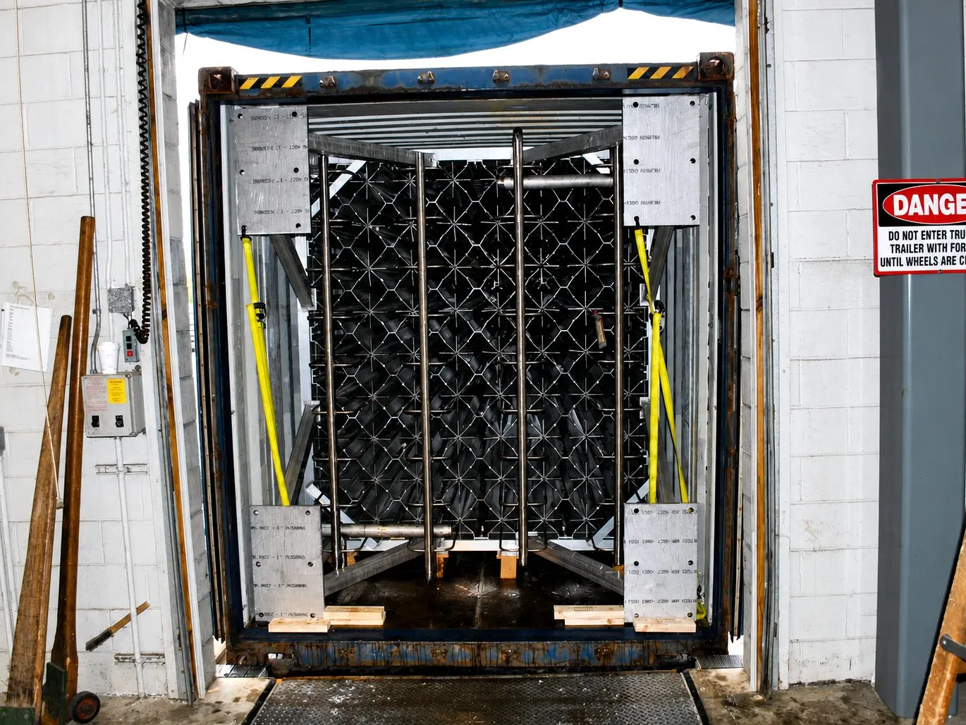 A finished FWM vaporizer array strapped and braced inside a shipping container, ready for unbranded drop-ship to an end customer