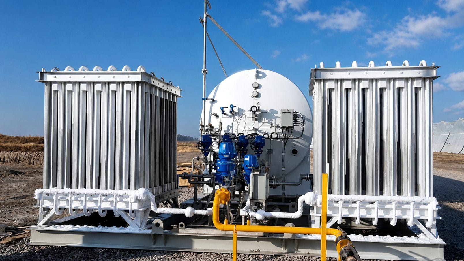 A complete FWM ambient air vaporizer system installed in the field — twin finned-aluminum vaporizer banks flanking a horizontal bulk storage tank with actuated control valves and gas piping