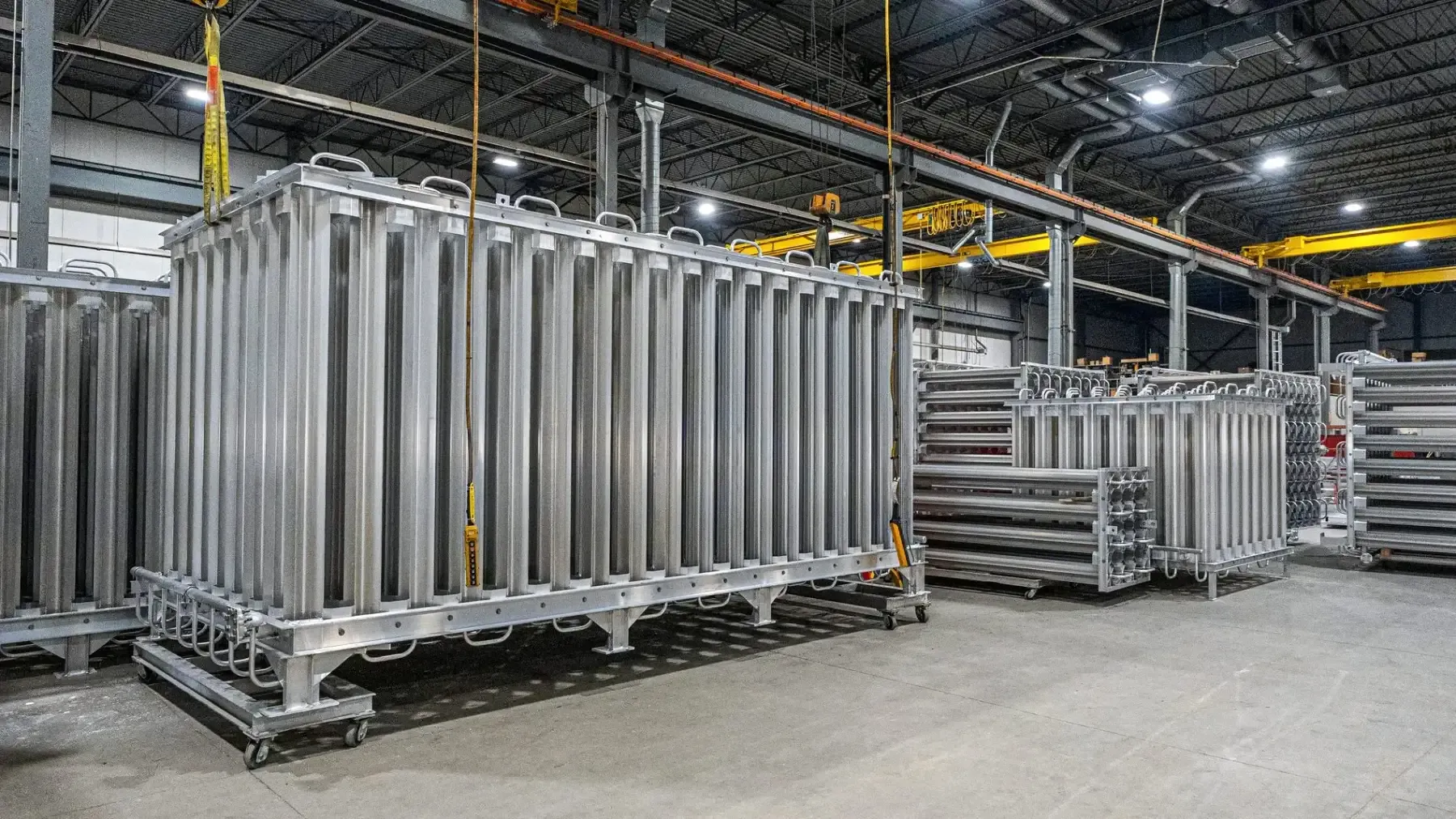 FWM AV Series ambient-air vaporizers of different sizes on the shop floor