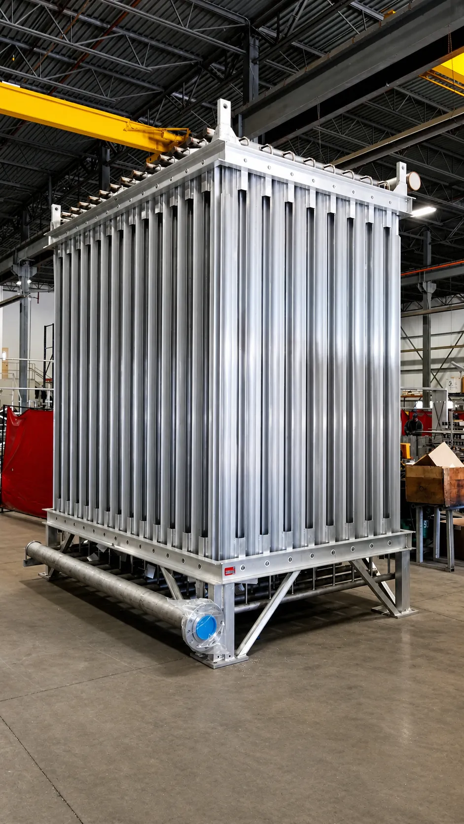 A finished FWM AV Series ambient-air vaporizer with a full bank of vertical finned-aluminum elements on the shop floor