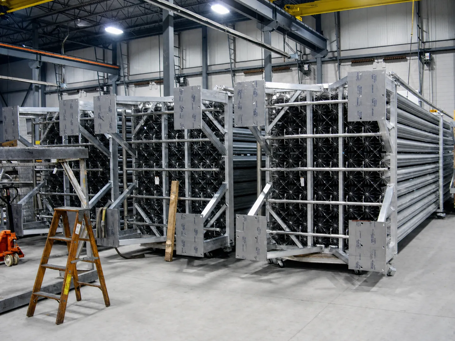 Rows of extruded finned aluminum heat-exchanger arrays for FWM ambient air vaporizers on the shop floor in Hudson, New Hampshire