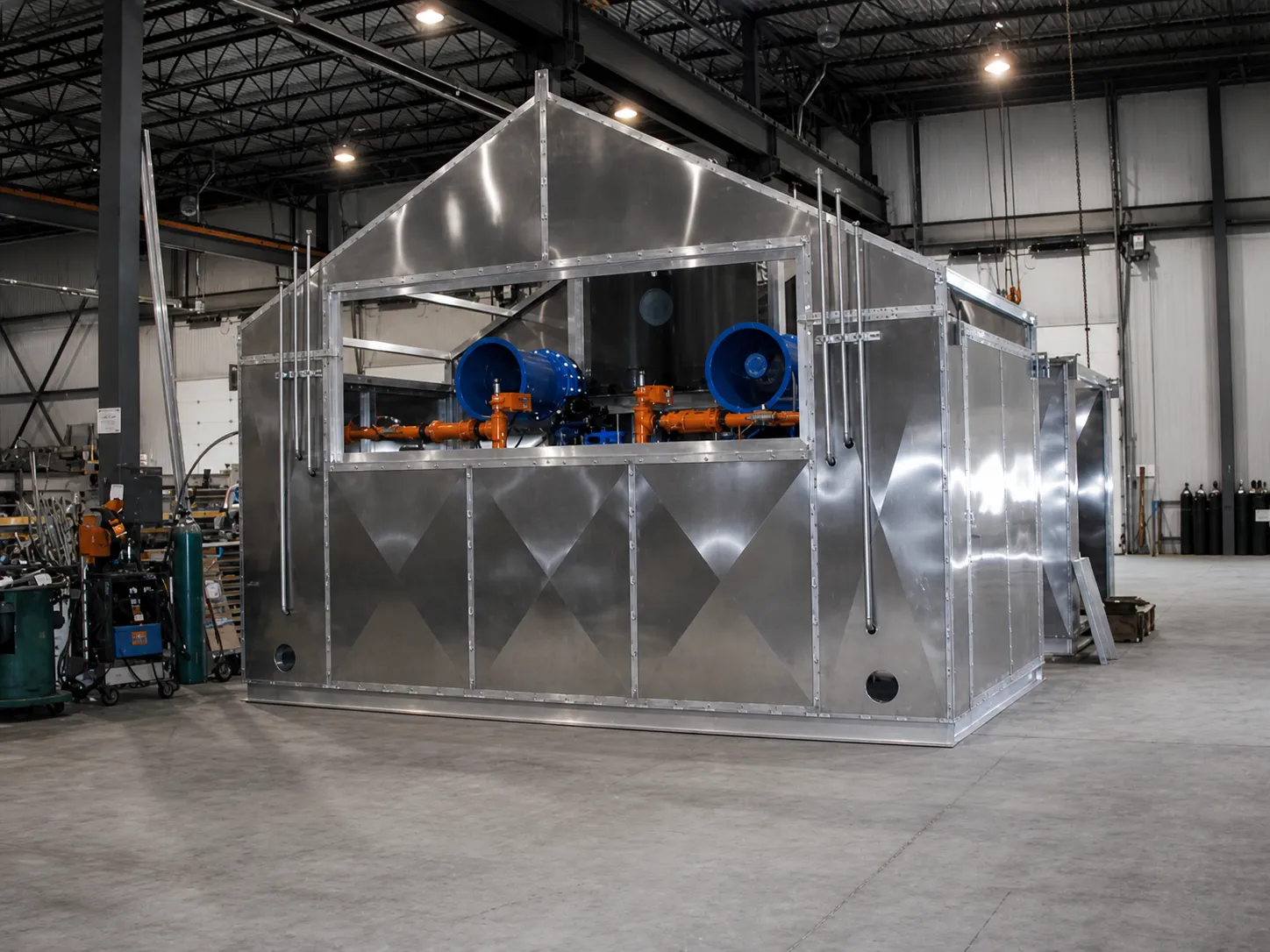 A custom all-aluminum burner shed enclosure fabricated at FWM