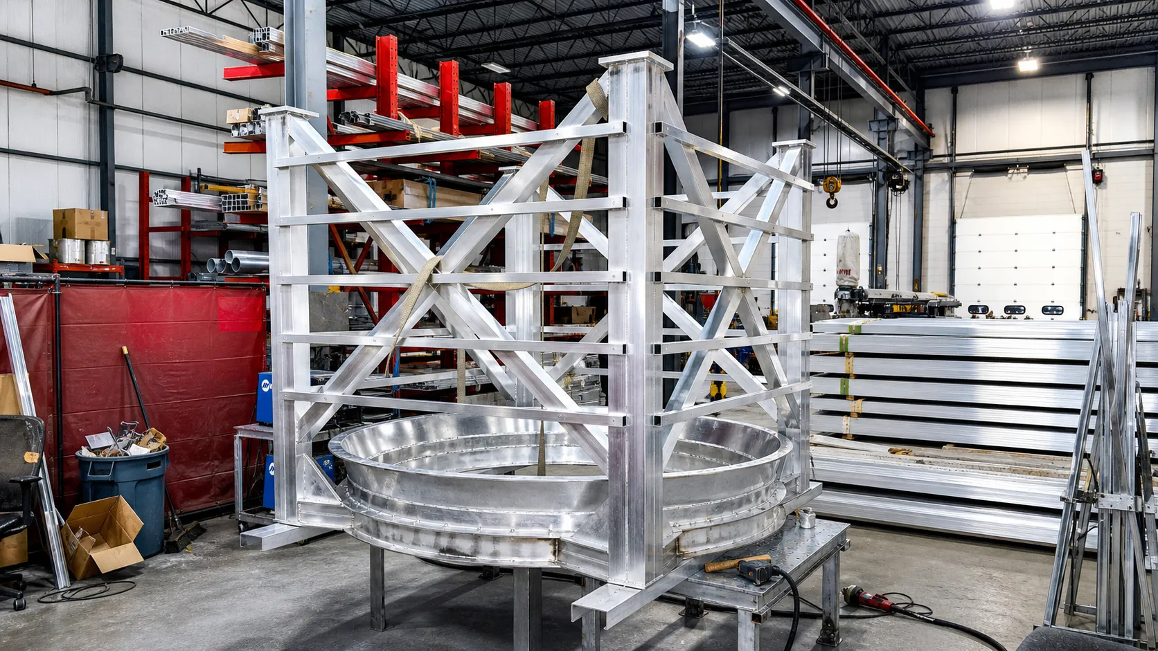 A large custom welded aluminum structural frame fabricated on the FWM contract manufacturing floor