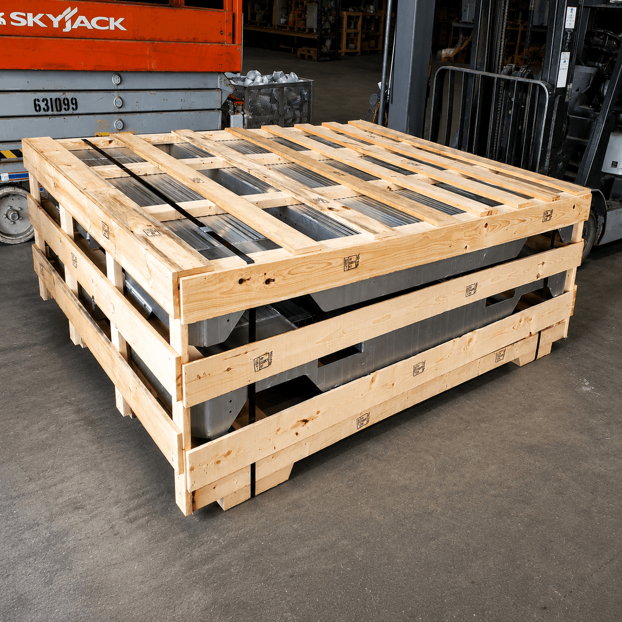 A crated contract-manufactured assembly prepared for shipment at FWM