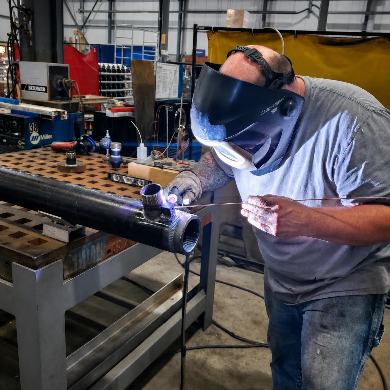 A welder joining stainless pipe on a contract manufacturing assembly at FWM