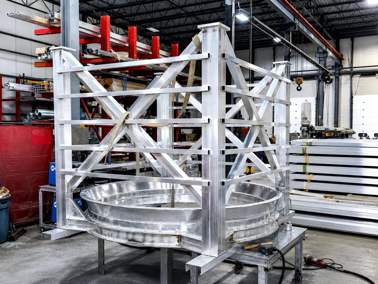 A custom welded aluminum structural frame fabricated on the FWM contract manufacturing floor