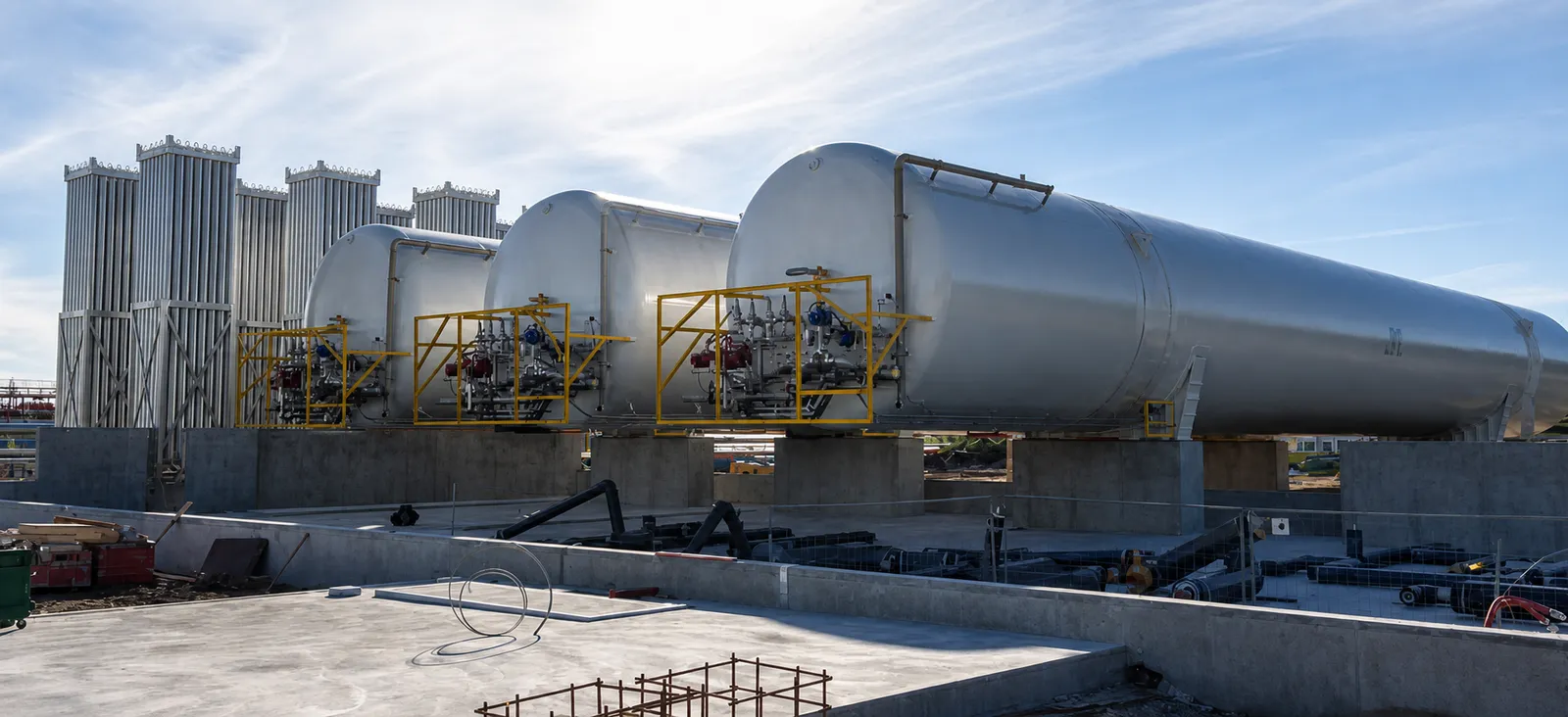FWM ambient air cryogenic vaporizers installed in the field at a customer site, with a bank of vertical finned vaporizers, horizontal cryogenic storage tanks on concrete foundations, and yellow valve skids