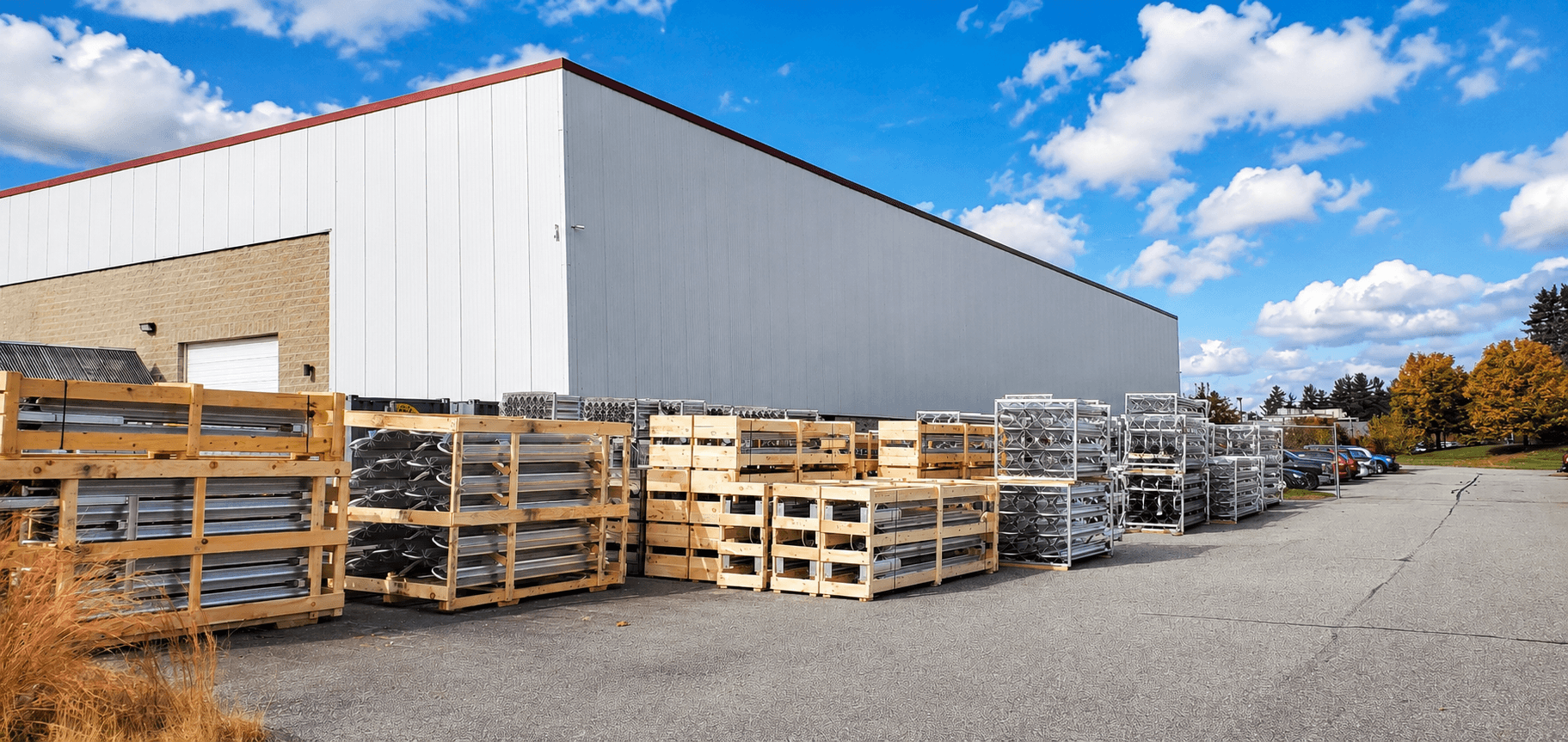 Crated and racked FWM vaporizer arrays staged outside the FWM facility for shipping and production planning