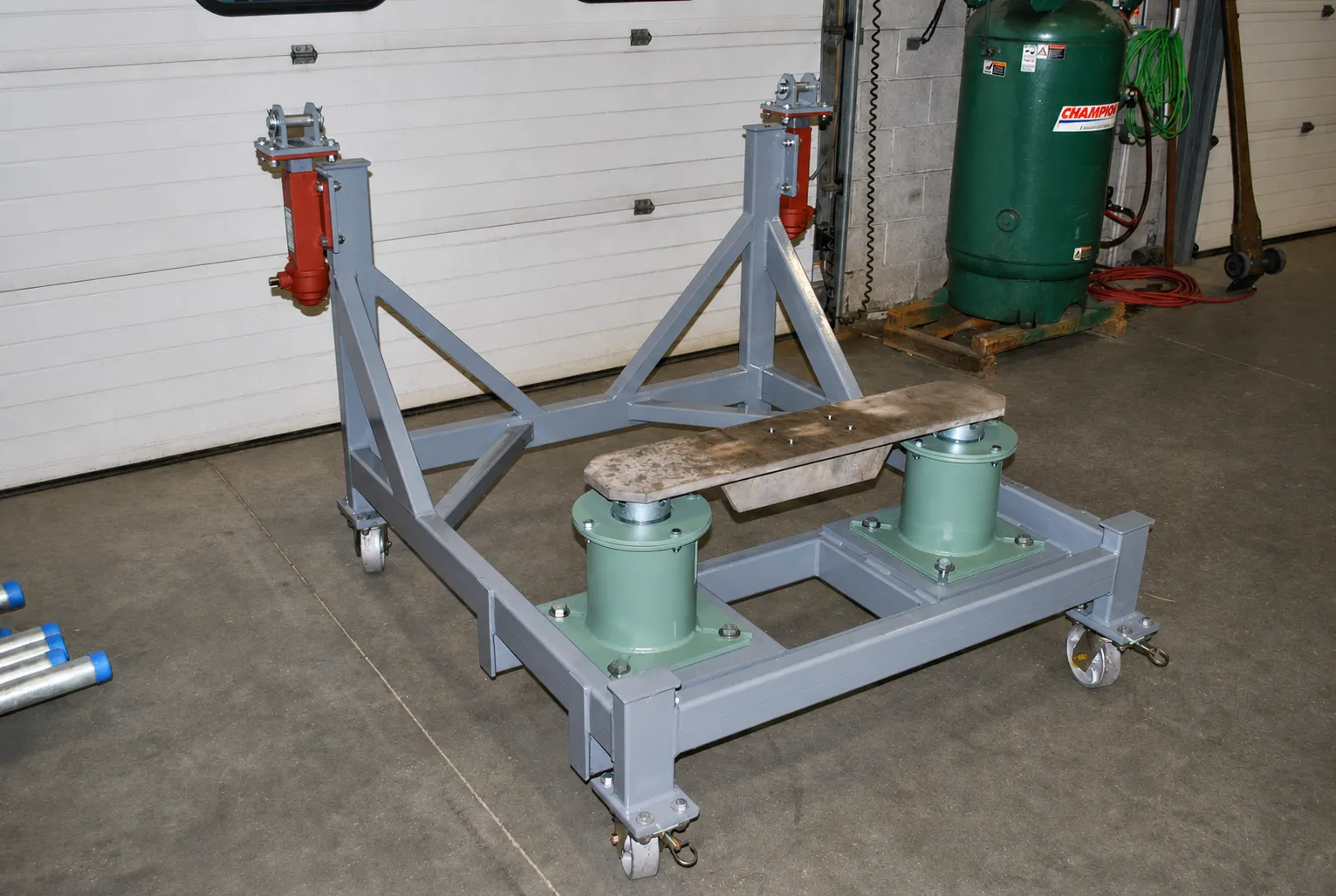 A custom steel material handling cart fabricated at FWM for moving heavy assemblies