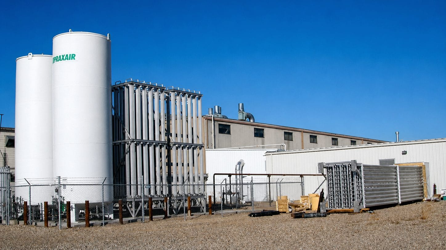 A row of FWM ambient air vaporizers installed beside cryogenic storage tanks at a customer site
