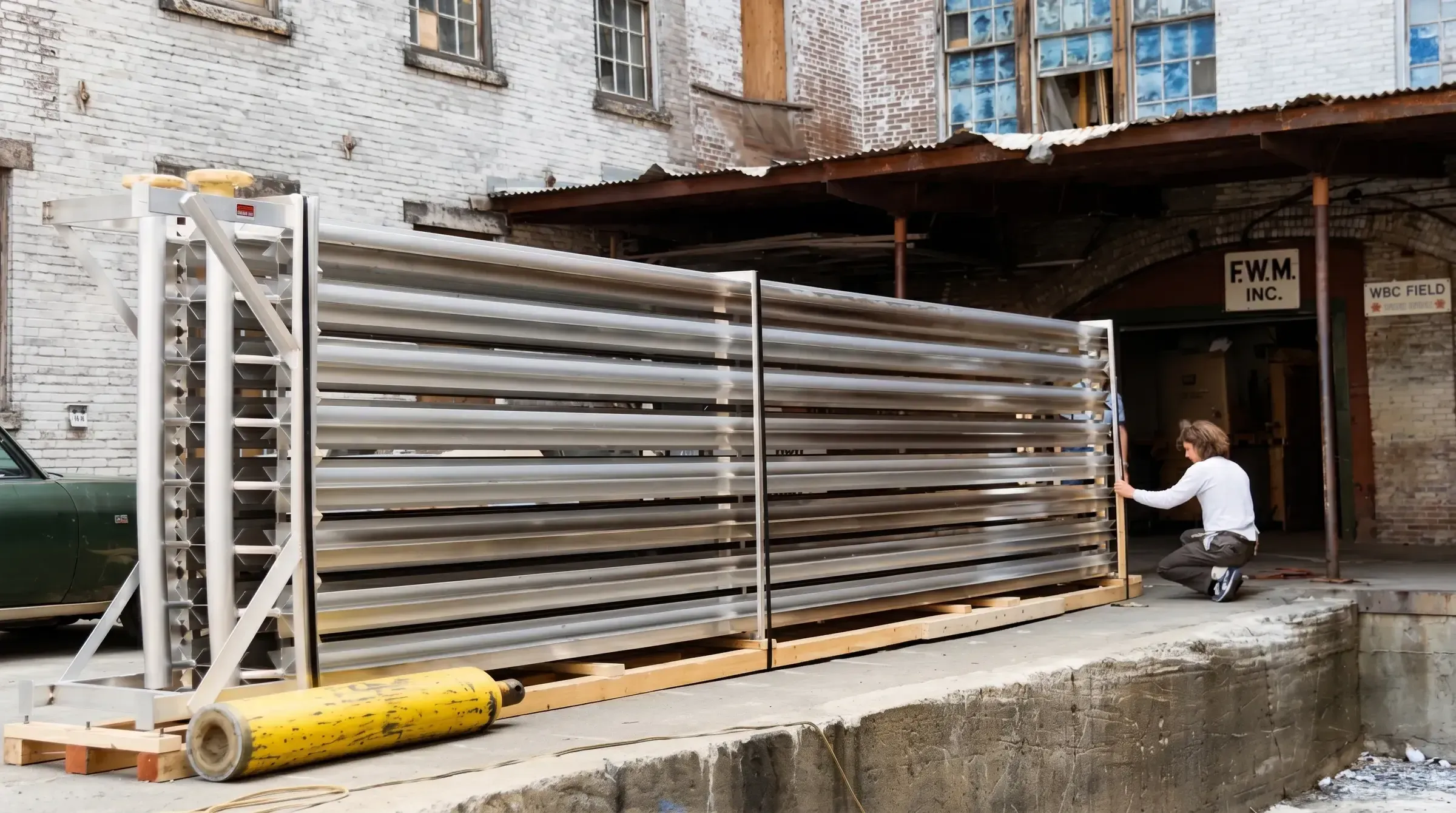 FWM workers crating a large finned aluminum vaporizer assembly outside the F.W.M. Inc. facility in 1975.