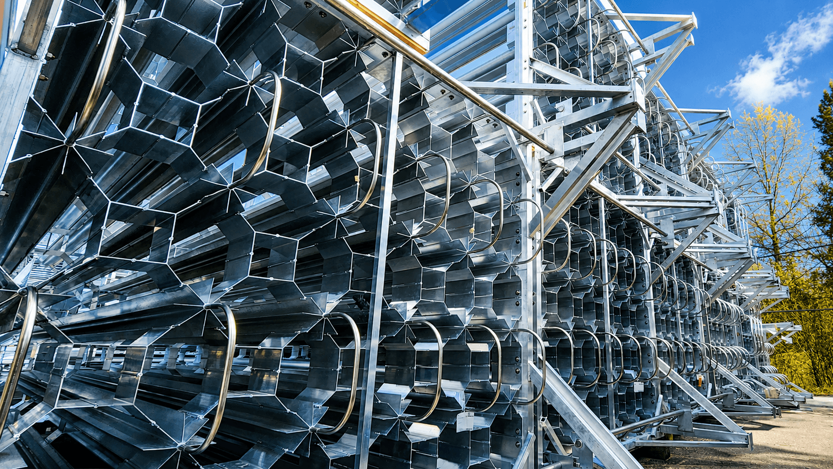 Rows of FWM finned-aluminum high-pressure vaporizer arrays staged outdoors against a bright blue sky