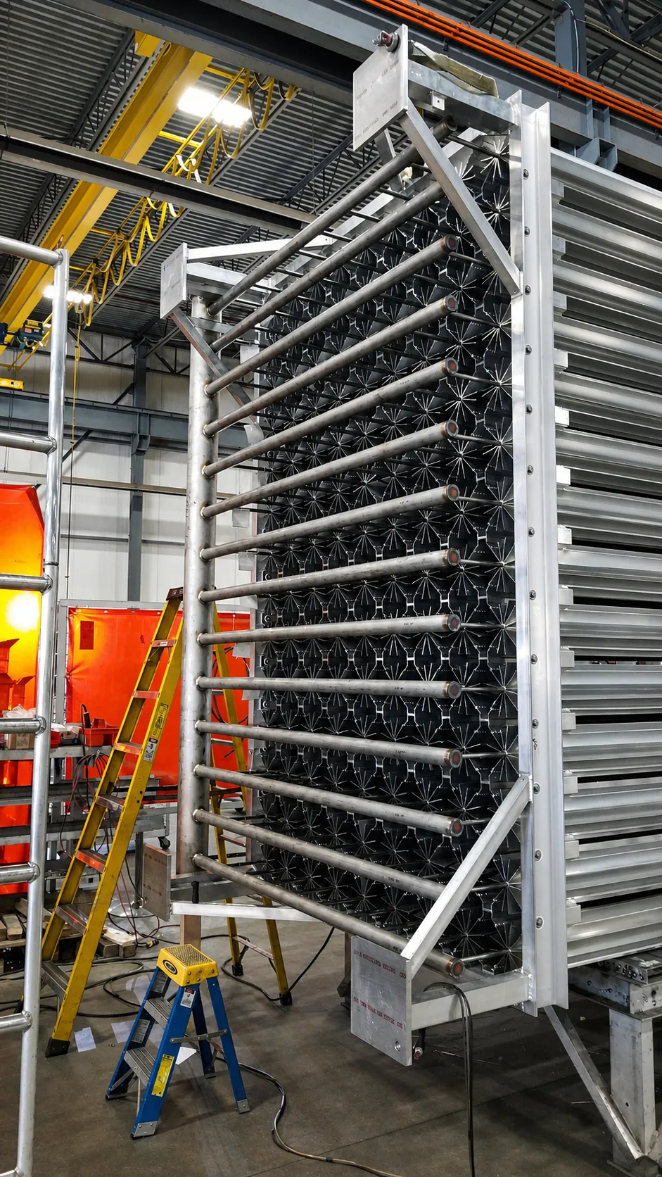 A vertical stainless steel vaporizer core array with black spacers under construction at the FWM facility