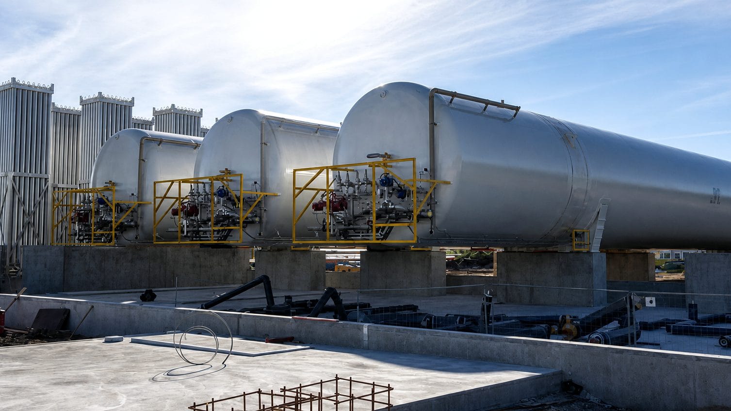 Horizontal cryogenic bulk storage tanks with valve manifolds and finned-aluminum FWM ambient air vaporizer banks at an LNG customer site installation