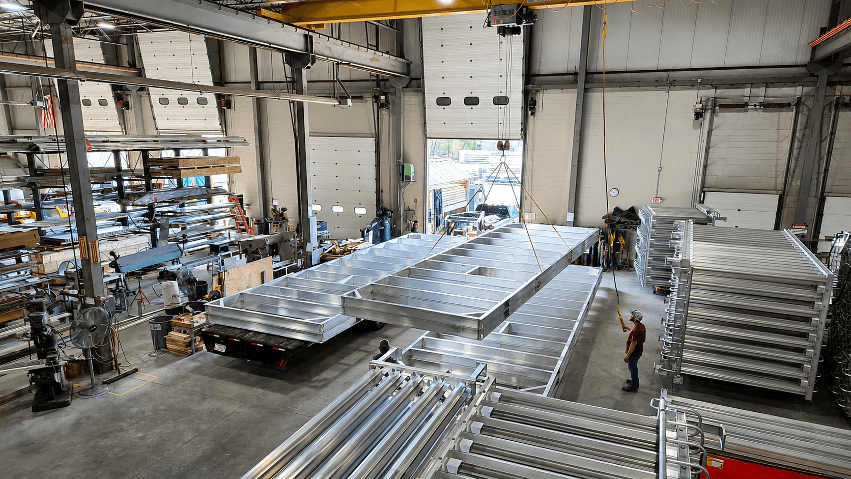 A large welded aluminum frame structure being lifted by an overhead crane during OEM production on the FWM shop floor