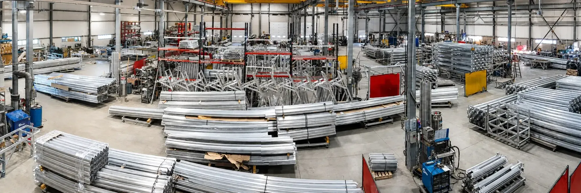 Panoramic view of the FWM U.S. manufacturing floor, with stacked finned aluminum extrusions, fabrication fixtures, welding stations, and overhead cranes