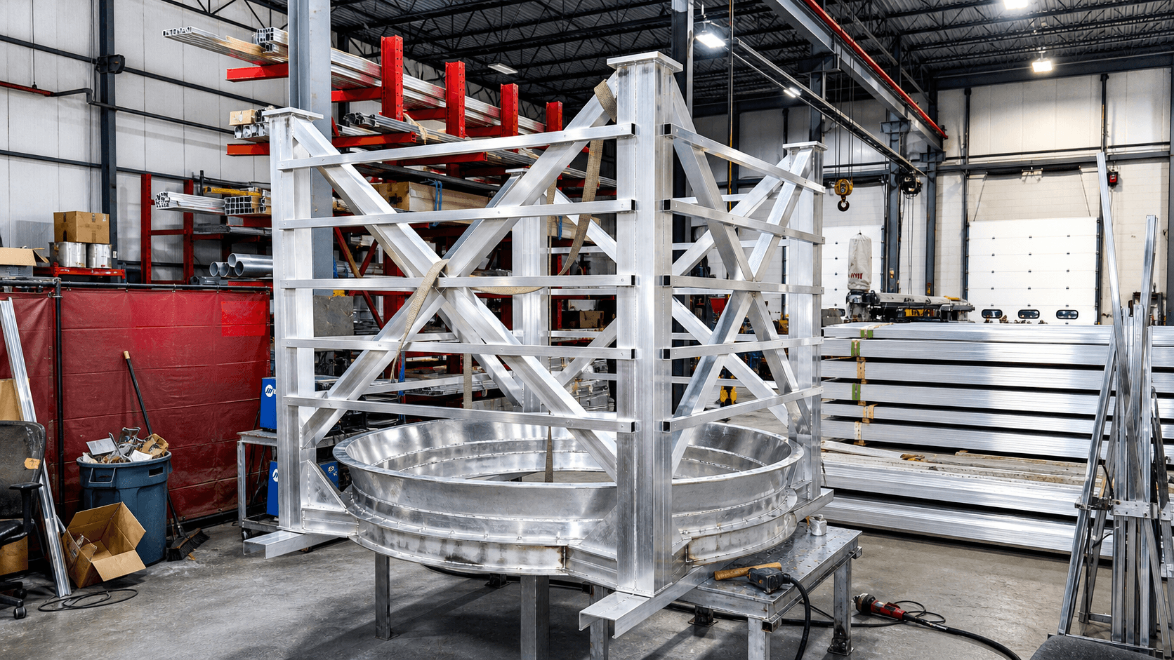 A large welded aluminum structural frame with X-bracing surrounding a circular stainless basin, mounted on a fixture table on the FWM shop floor