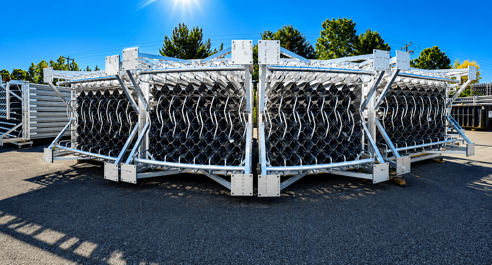 Racked finned-aluminum vaporizer cores staged face-to-face in the FWM yard, produced domestically in Hudson, NH