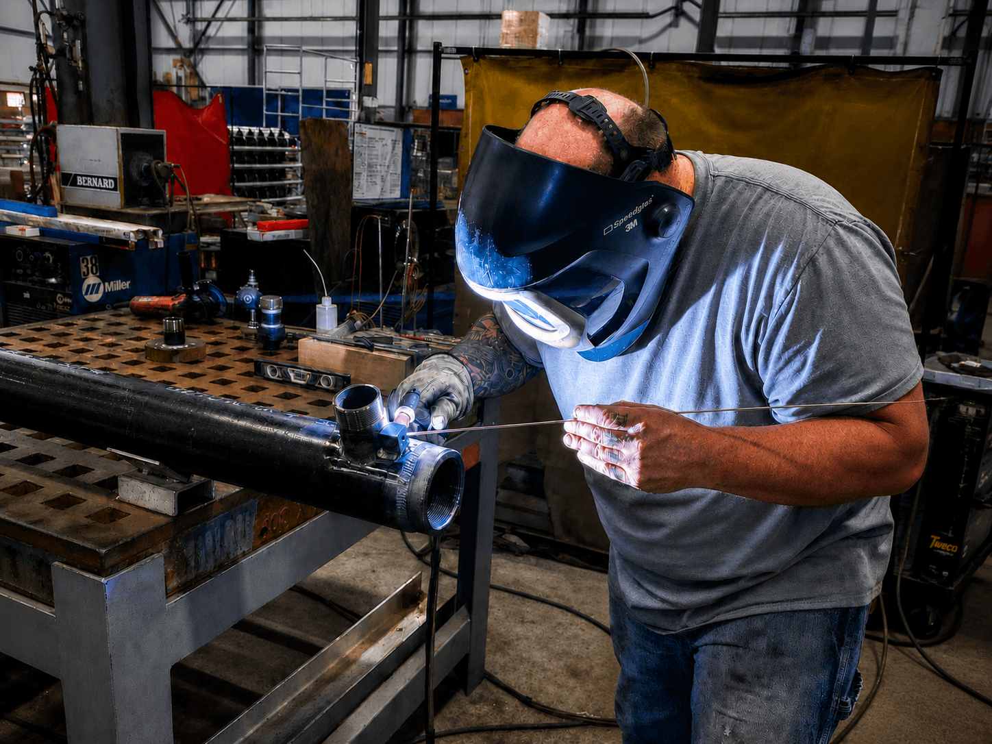 An FWM welder in a 3M Speedglas mask TIG welding a pipe assembly with threaded fittings on a shop welding table